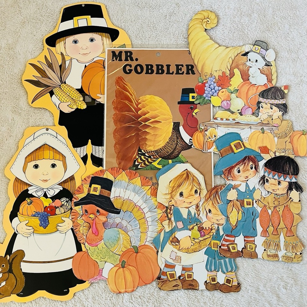 Vintage Thanksgiving Decor Turkey Tissue Honeycomb 7 Die Cuts Pilgrim Cornucopia